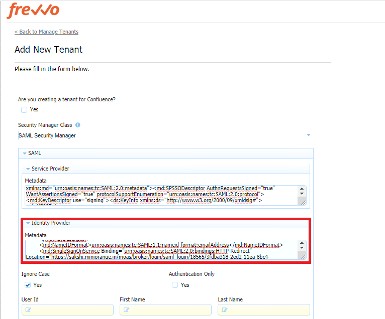 Frevvo Single Sign On (SSO) solution configure saml tenant