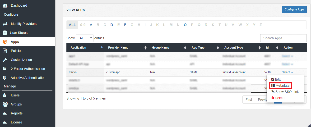 Frevvo Single Sign On (SSO) solution select miniOrange idp metadata