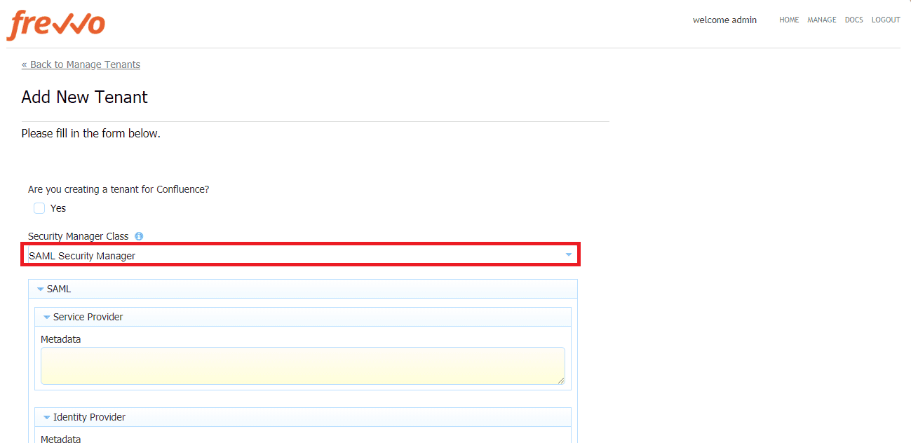 Frevvo Single Sign On (SSO) solution select saml security manager