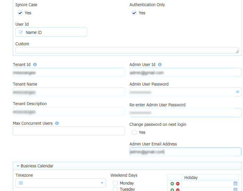 Frevvo Single Sign On (SSO) solution enter admin details in tenant form