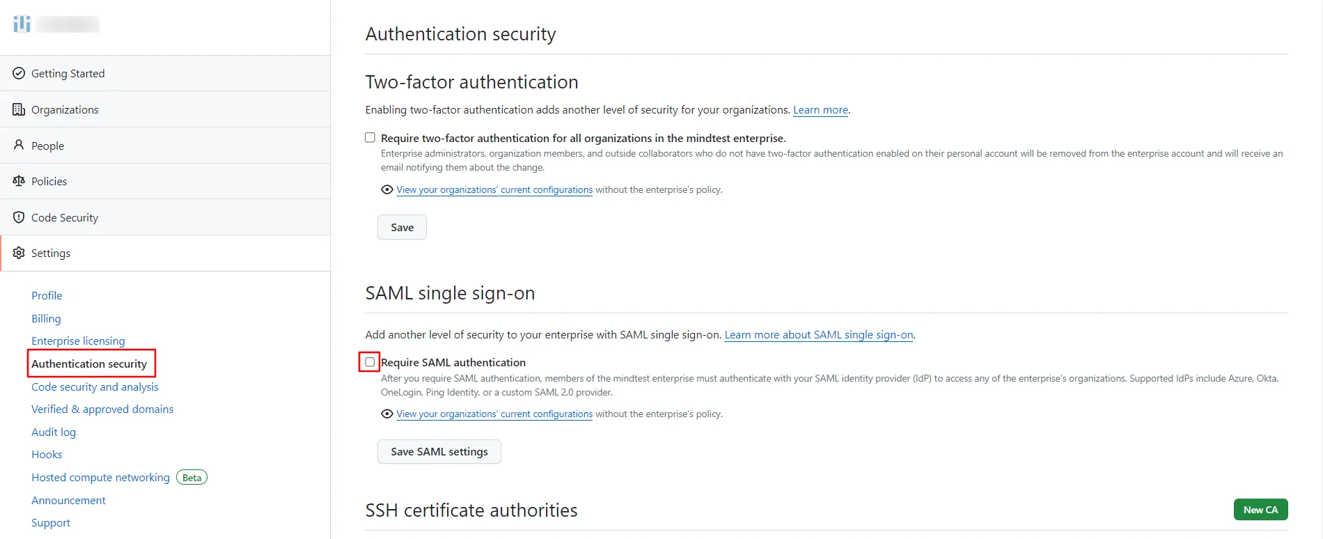 GitHub Single Sign-On (SSO) Enable the SAML Authentication checkbox