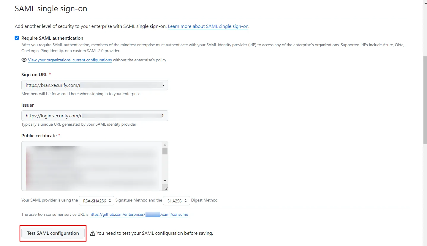 GitHub Single Sign-On (SSO) Click Test SAML Configuration