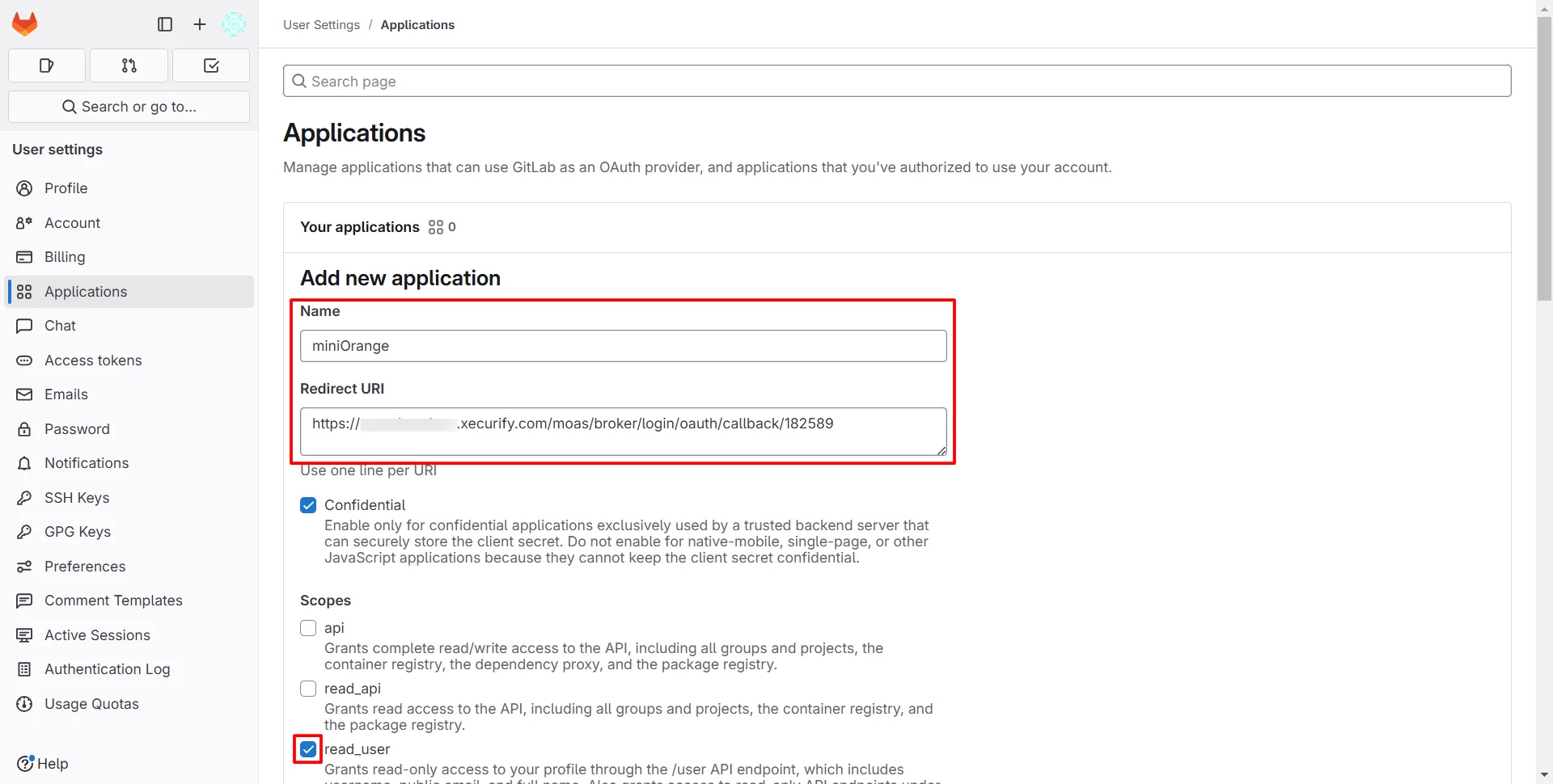 Gitlab as IDP: Enter name and redirect uri