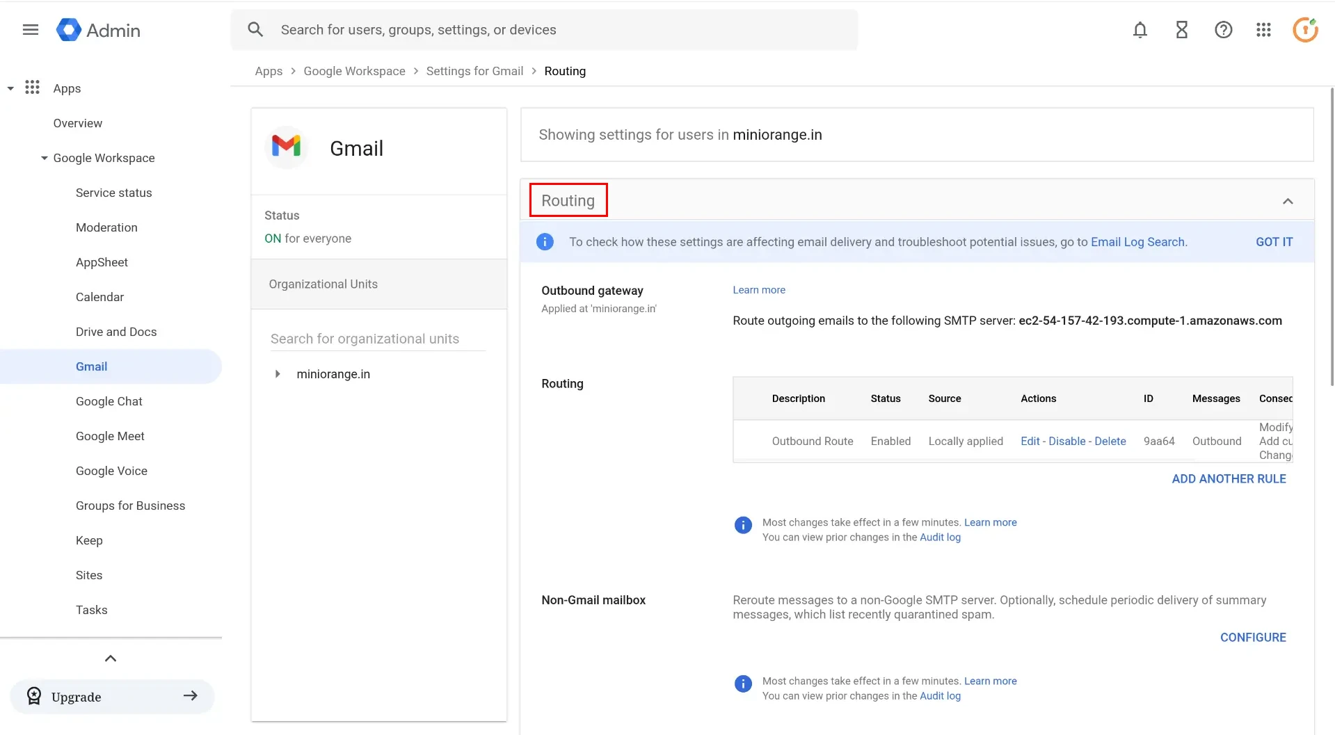 Google Workplace SMTP configuration: Routing