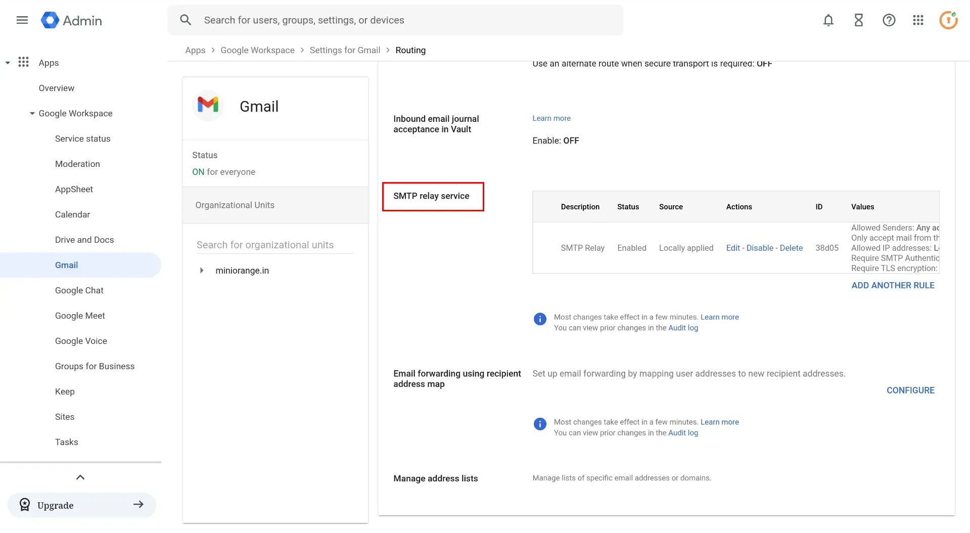 Google Workplace SMTP configuration: SMTP relay service