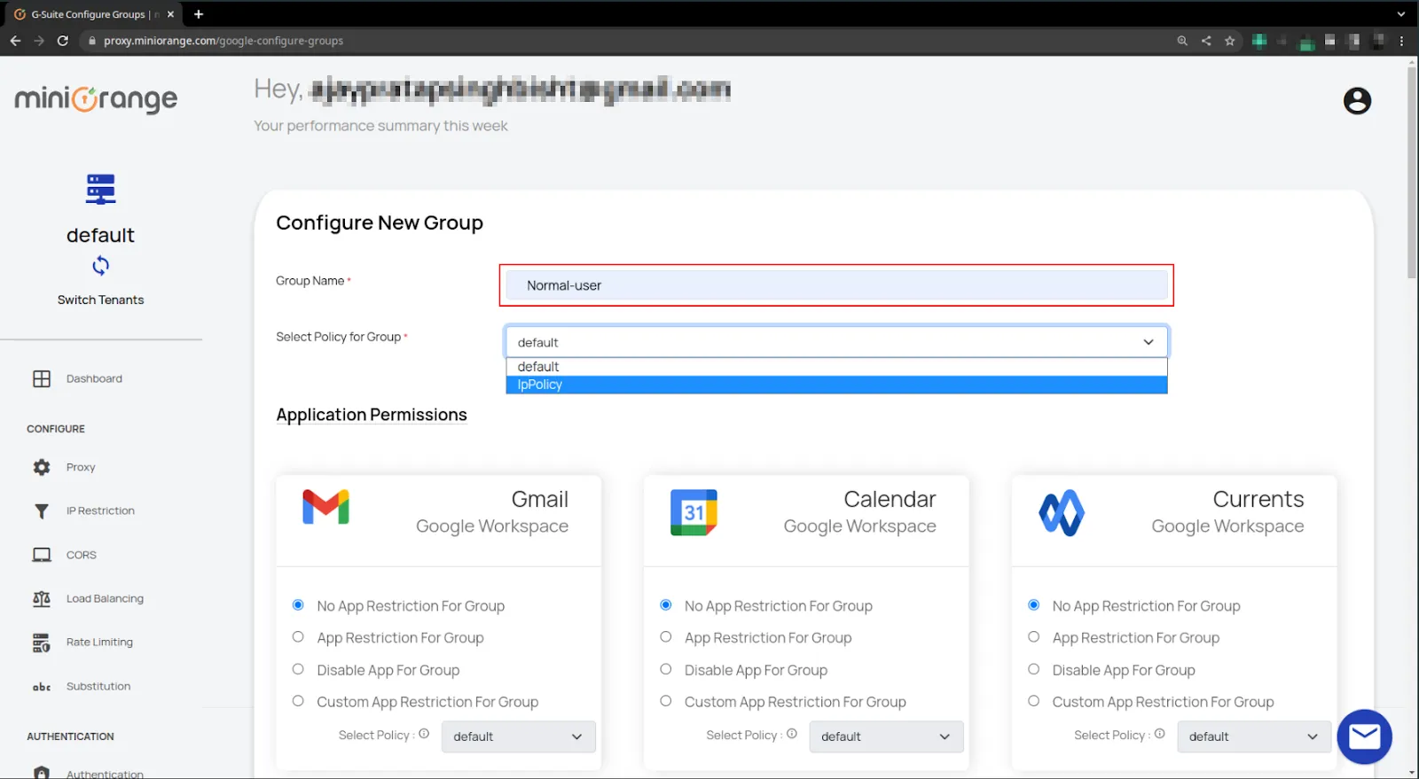 Google Access Restriction policies add group button configure