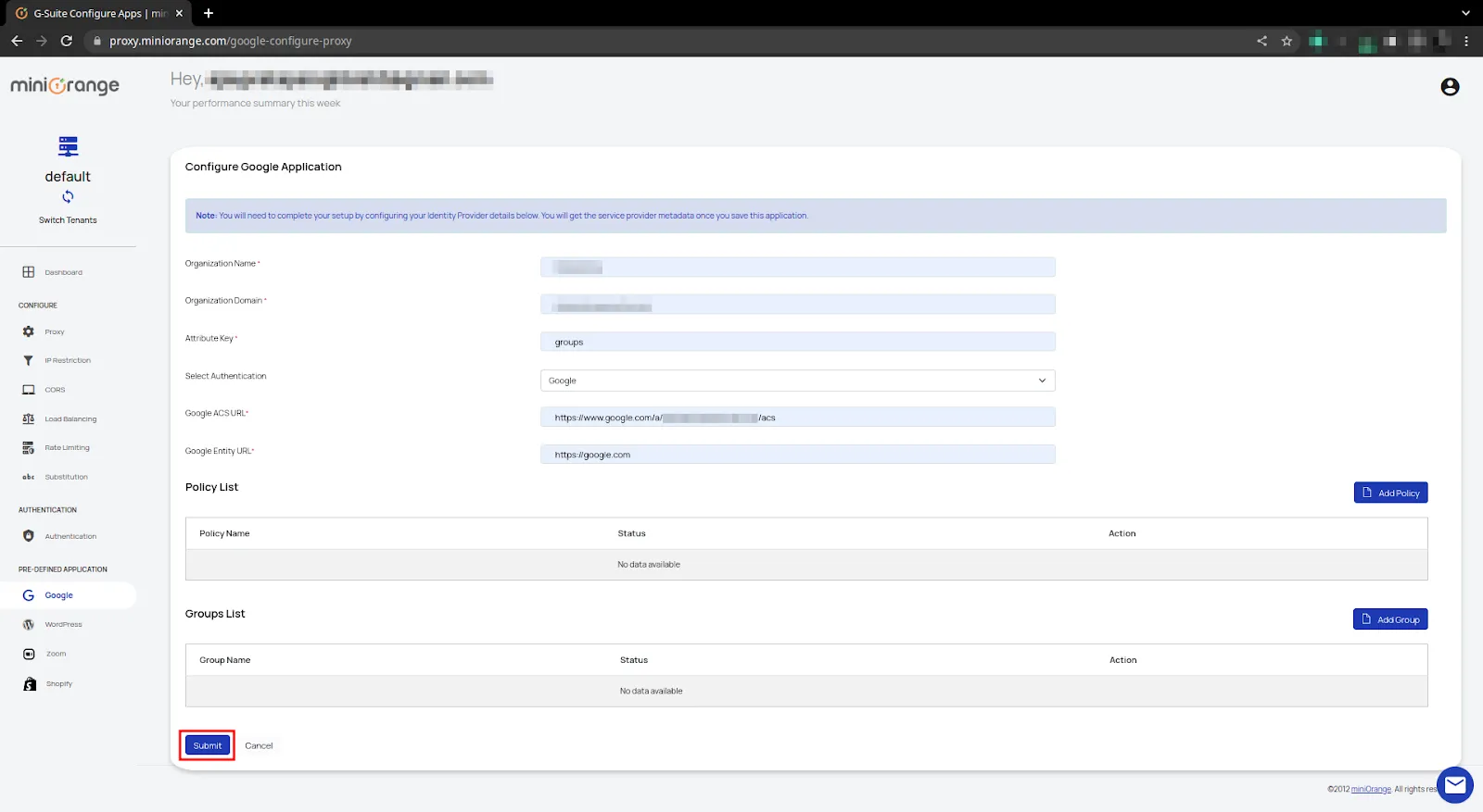 Google Access Restriction policies configure google application
