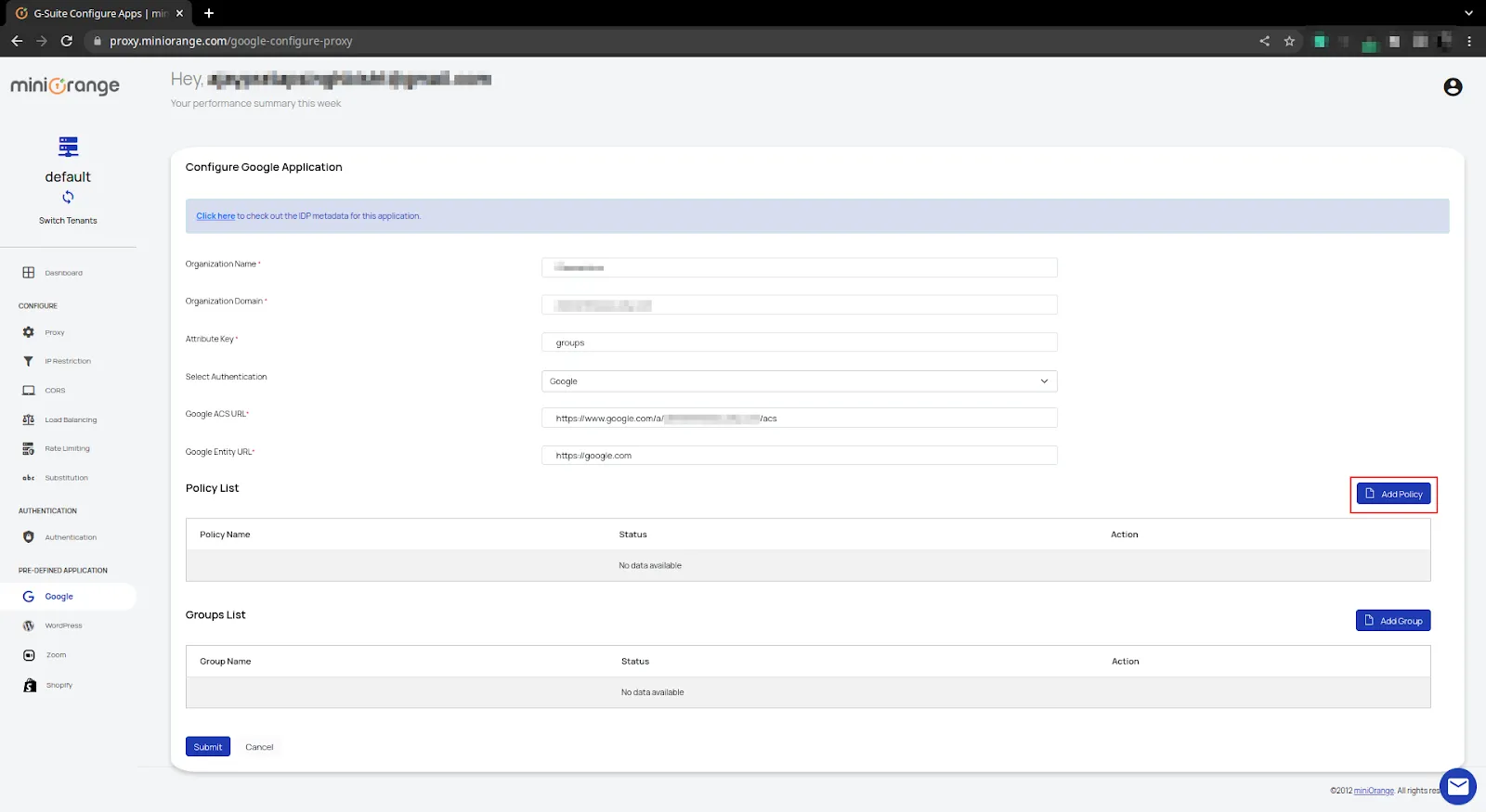 Google Access Restriction policies configuring add policy button