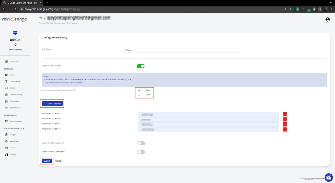 Google Access Restriction policies configure ip policy allow deny