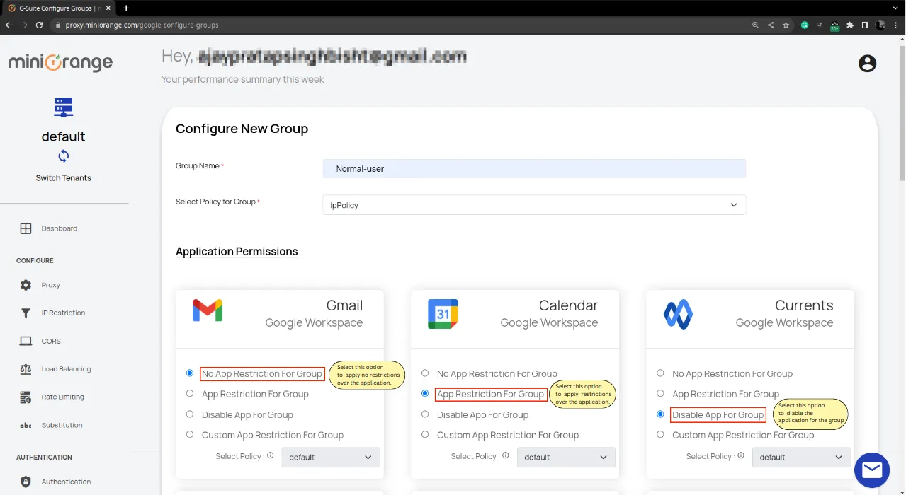 Google Access Restriction policies select group policy option
