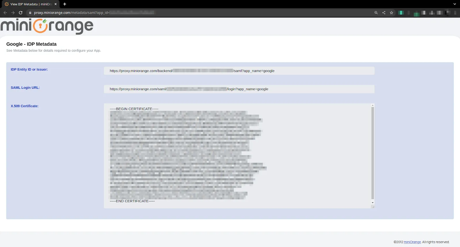 Google Access Restriction policies show idp metadata display