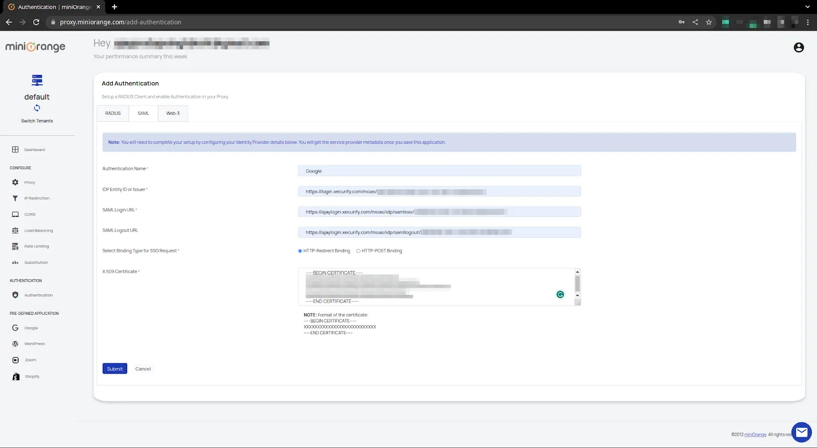 Google Access Restriction policies sp metadata idp details