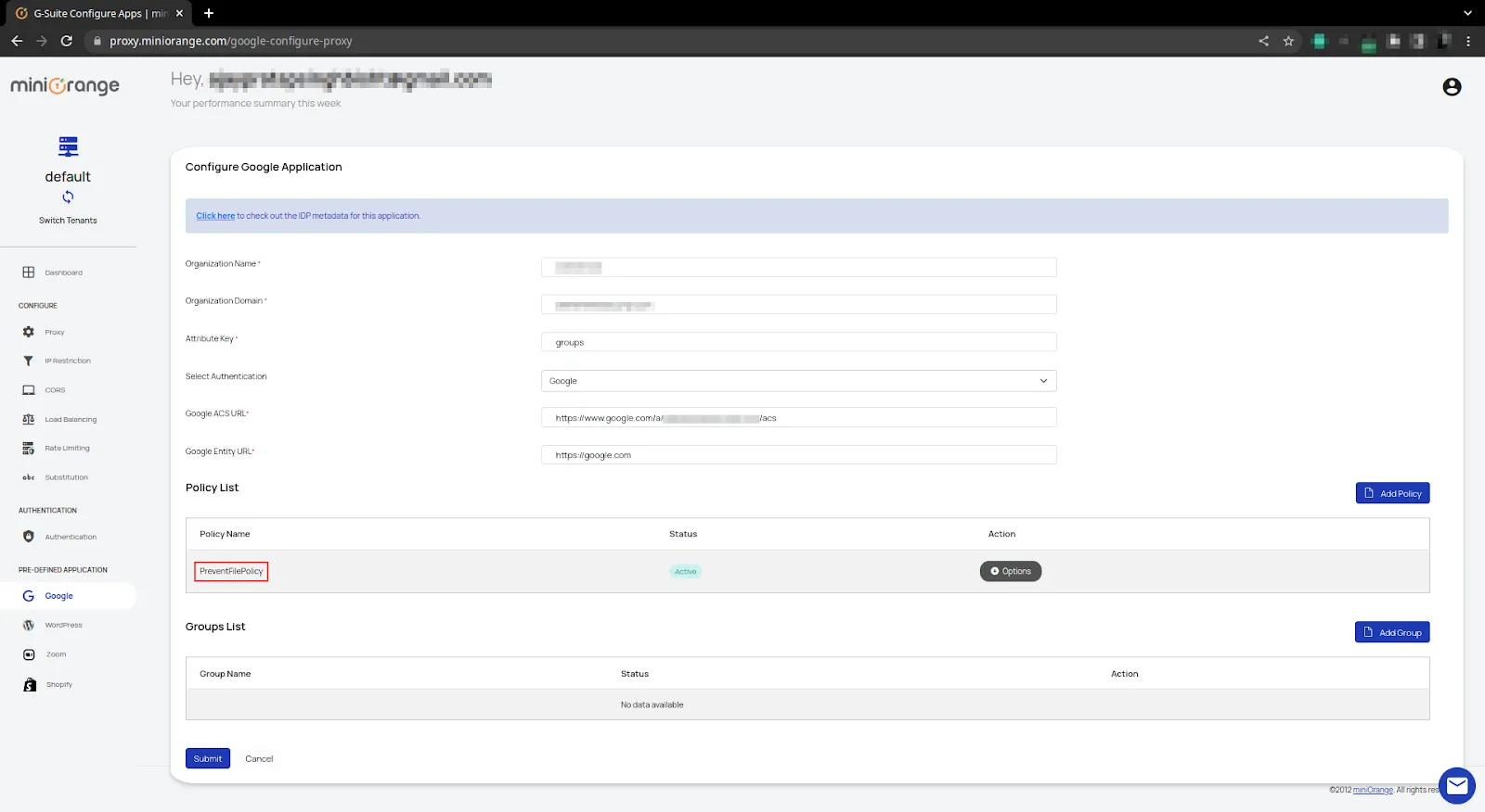 Google Access Restriction policies submit button save policy