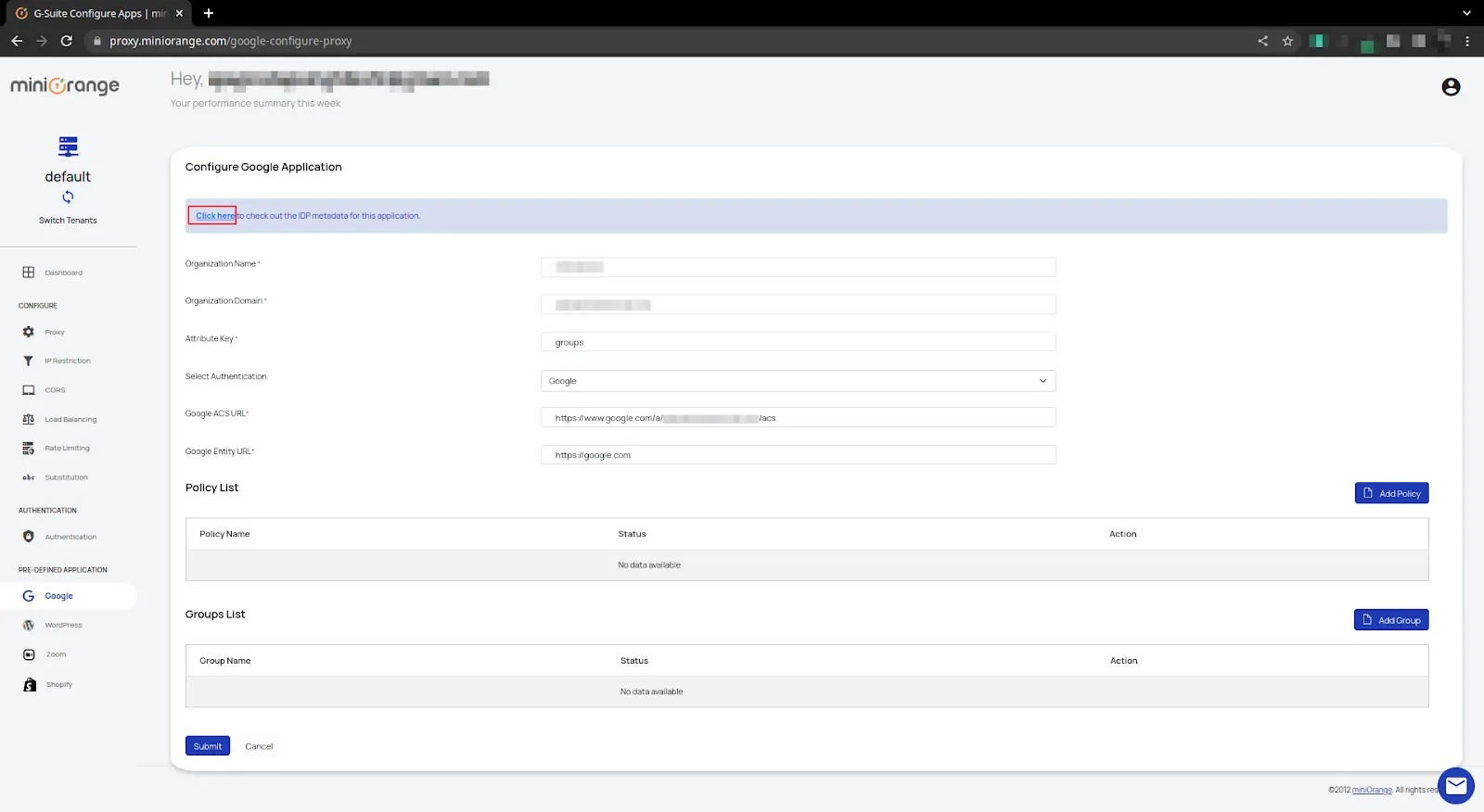 Google Access Restriction policies view idp metadata configure