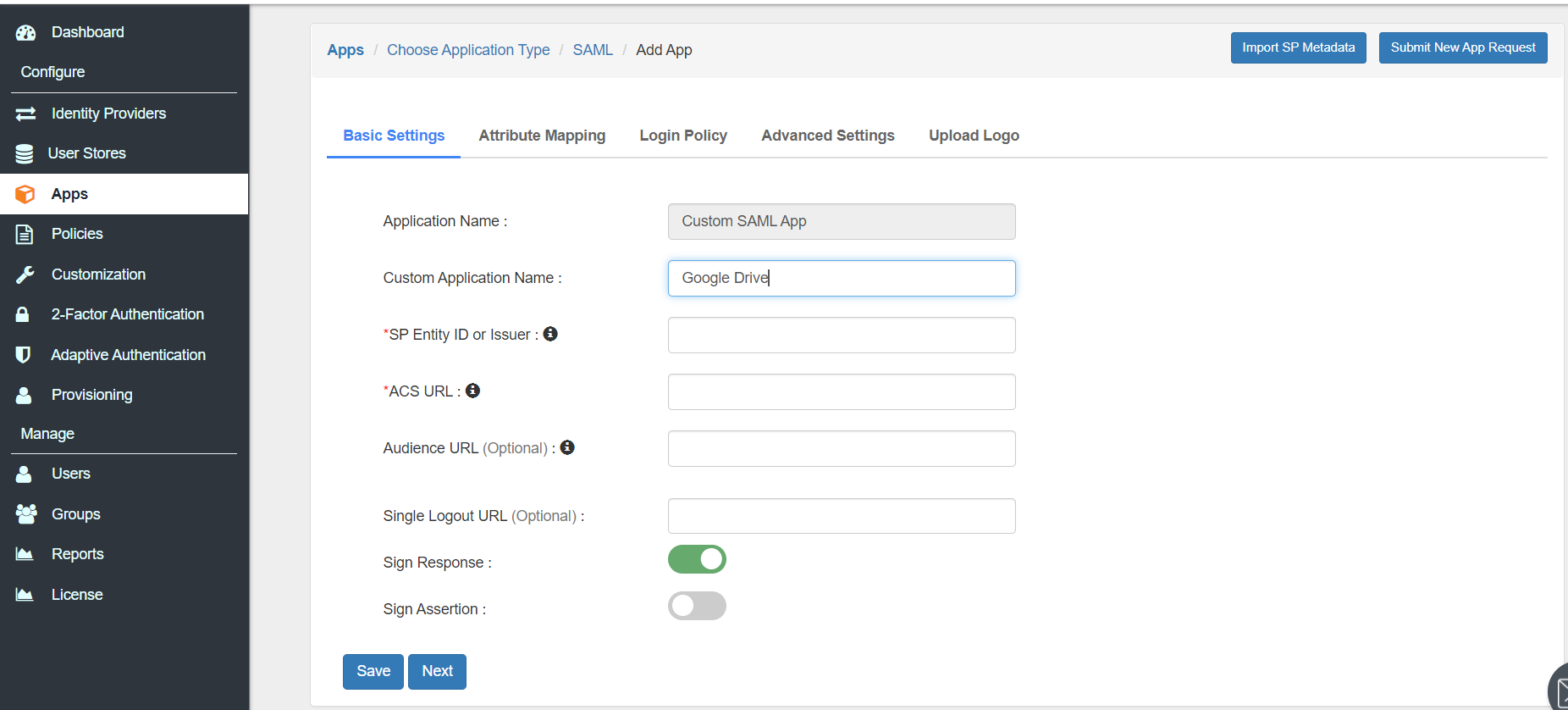 Configure Google Drive Single Sign-On (SSO) configure app