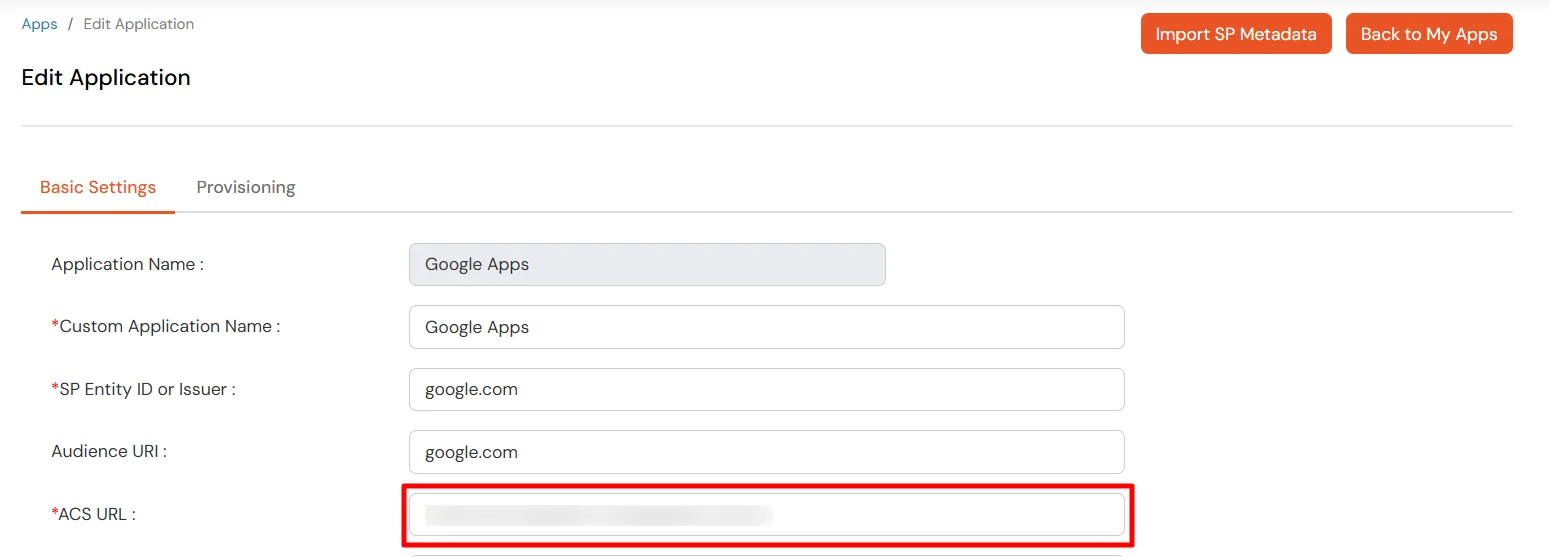 Google App SSO (Single Sign-On): Add ACS URL