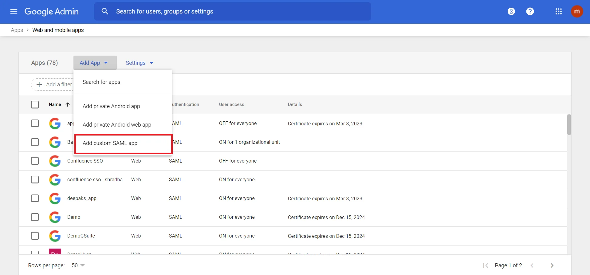 Google Workspace directory integration custom saml app