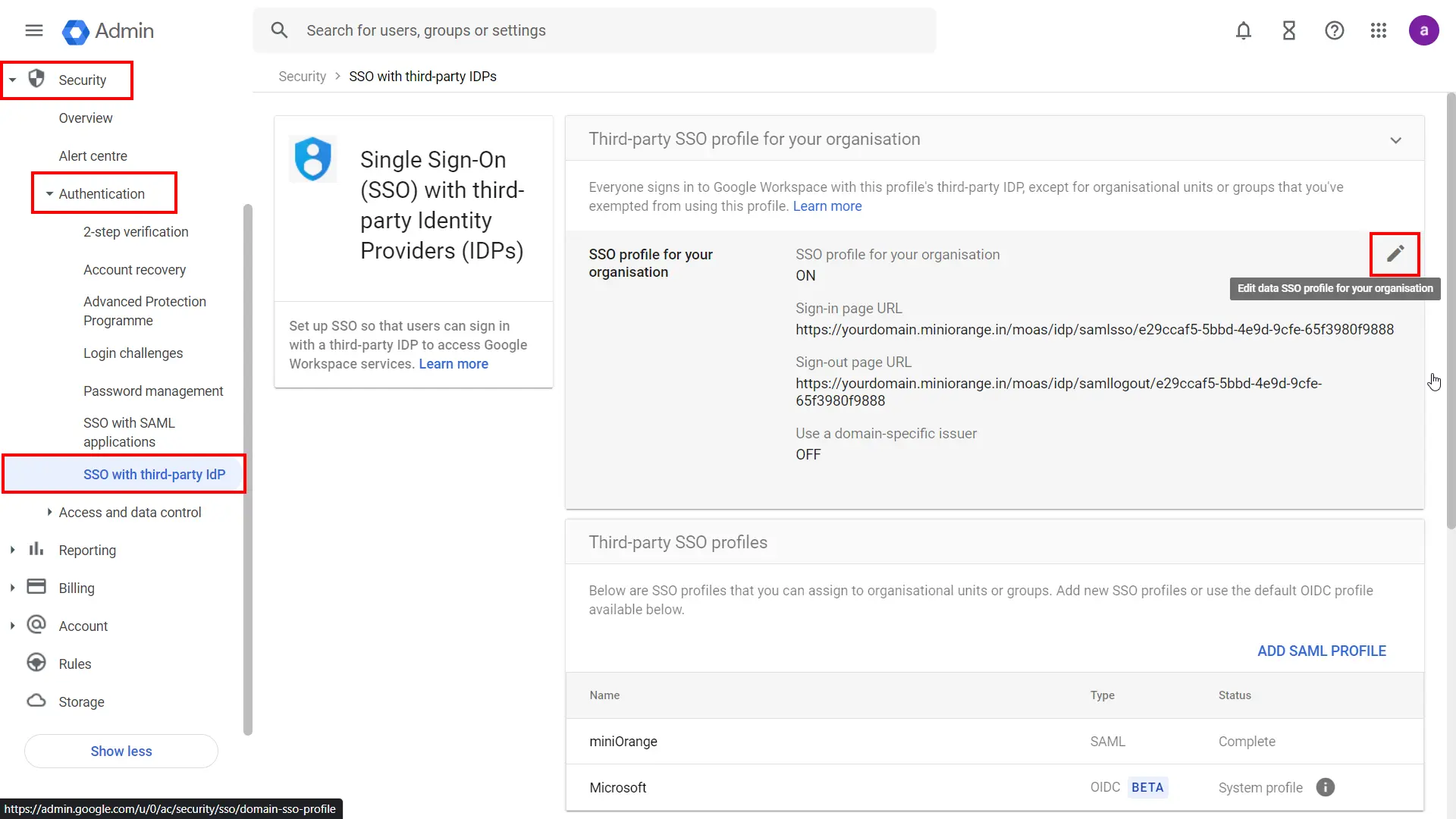 Google Apps 2FA (Two-Factor Authentication) : admin console set sso idp