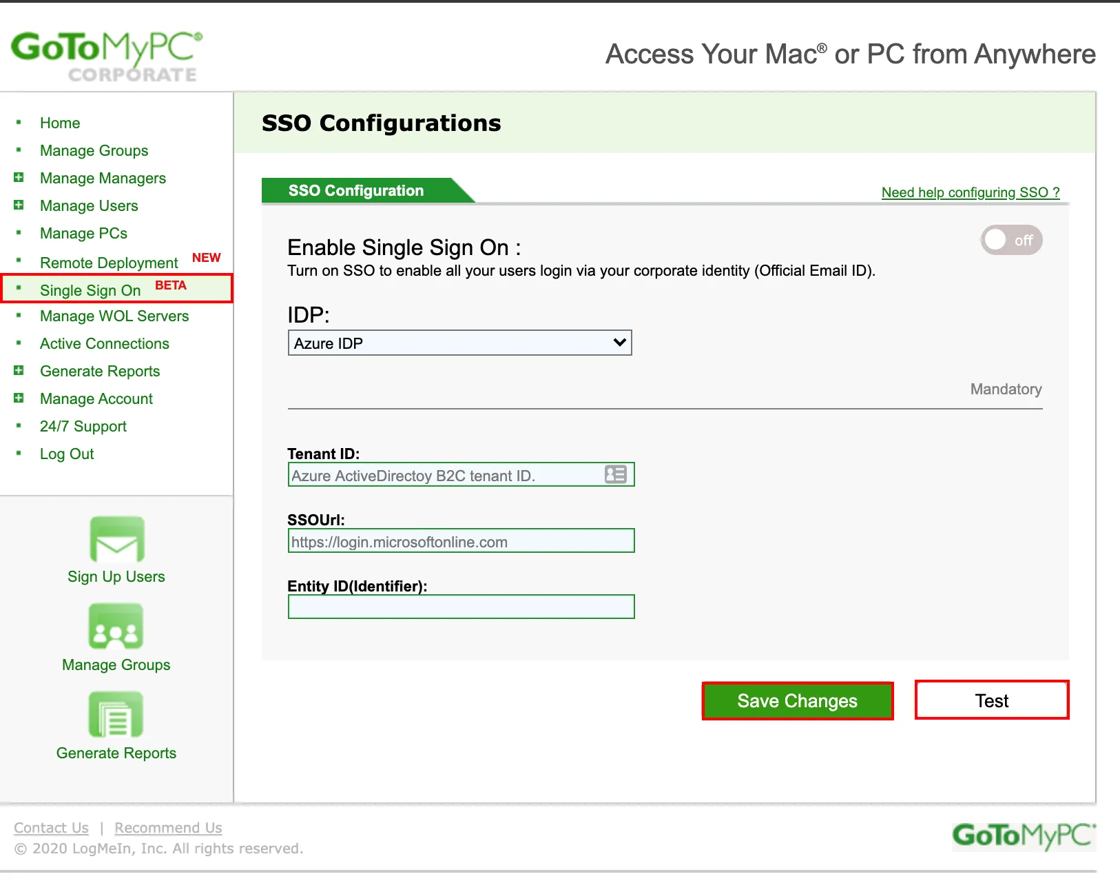 GoToMyPC Single Sign-On (sso) Admin Dashboard