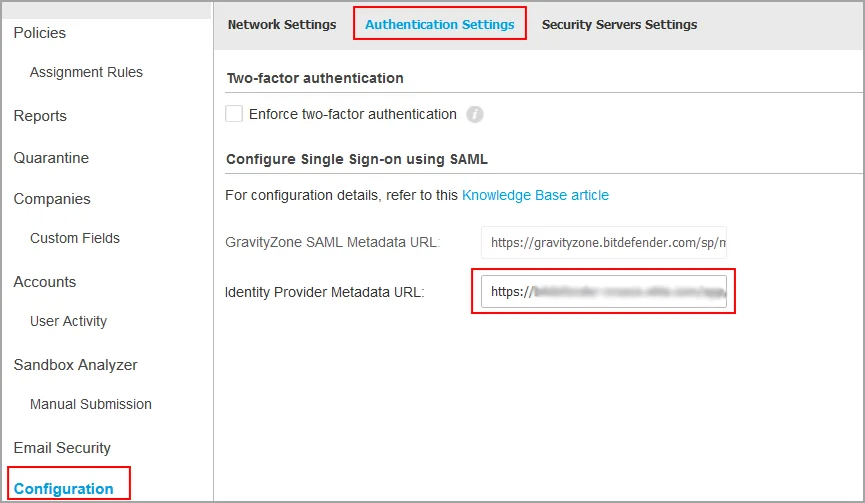 GravityZone Single Sign-On (sso) enter metadata url