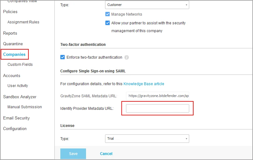 GravityZone Single Sign-On (sso) configure sso saml