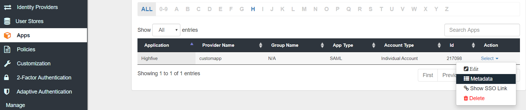 Highfive Two Factor Authentication (2FA) metadata link