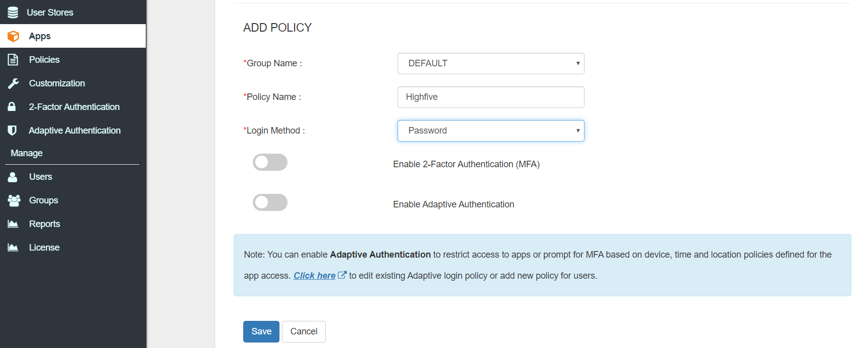 Highfive Two Factor Authentication (2FA) save configurations