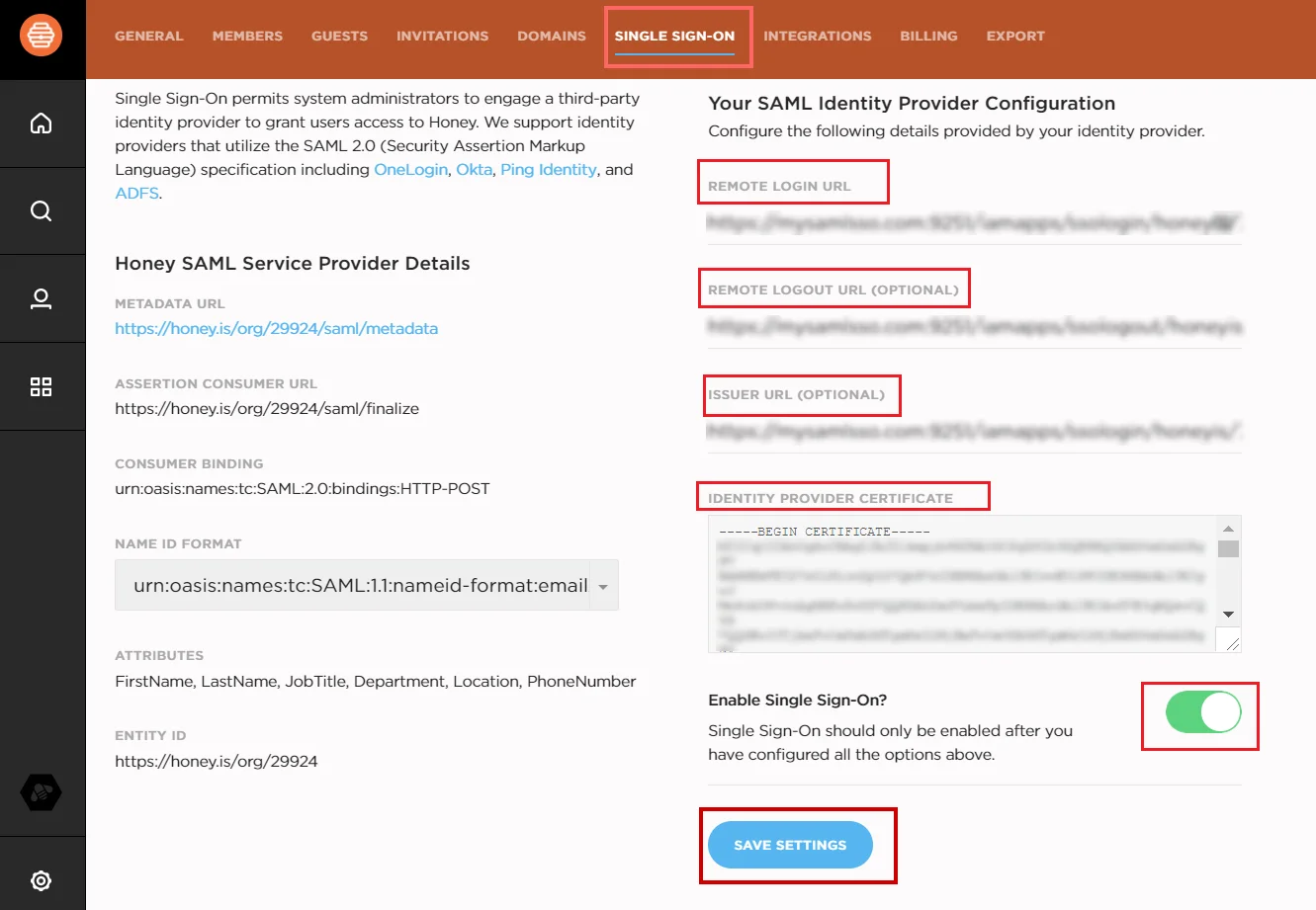 Honey.is Single Sign-On (sso) Admin Dashboard