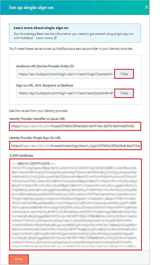 Configure HubSpot SAML Single Sign-On (SSO) import metadata values