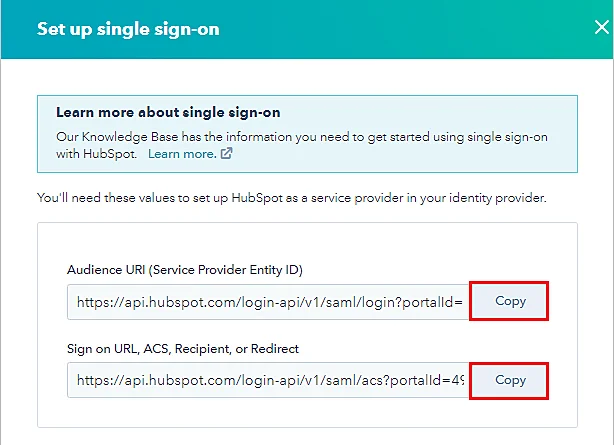 Configure HubSpot SAML Single Sign-On (SSO) Prerequisite: Copy Metadata URL from Hubspot Admin Console