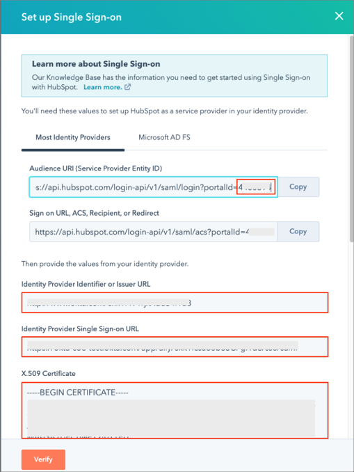 HubSpot Single Sign On (sso) import metadata values