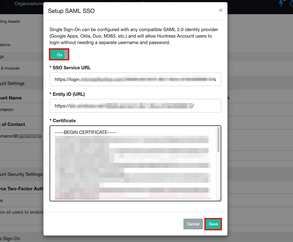 Huntress Single Sign-On (sso) Admin Dashboard