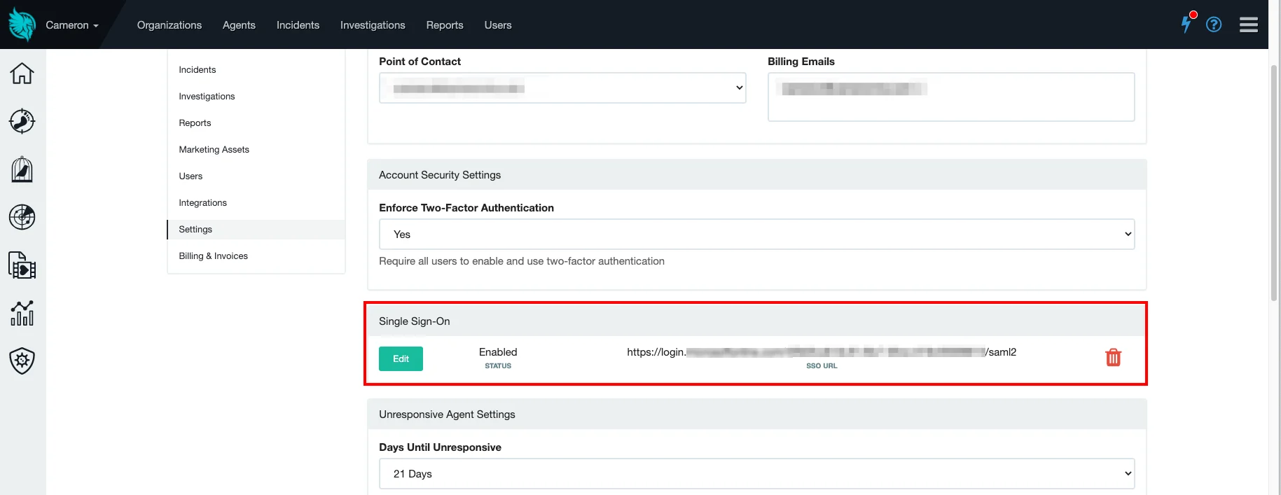 Huntress Single Sign-On (sso) Admin Dashboard