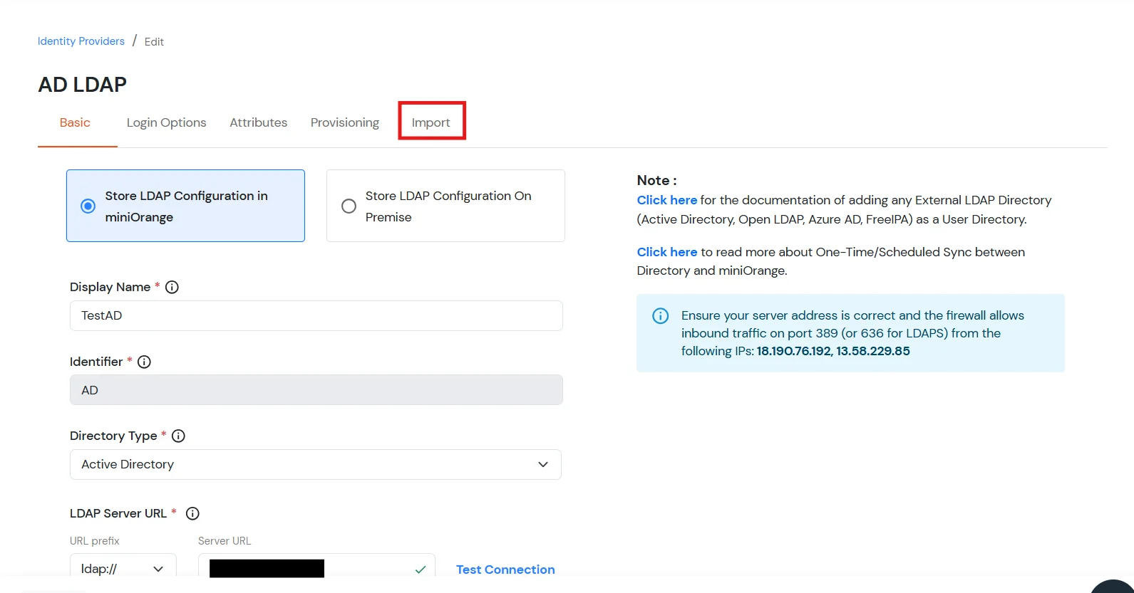 miniOrange AD user store Import tab