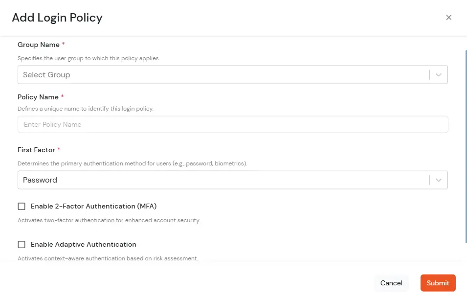 miniOrange Identity Platform Admin Handbook: Under the Add Login Policy, provide the details