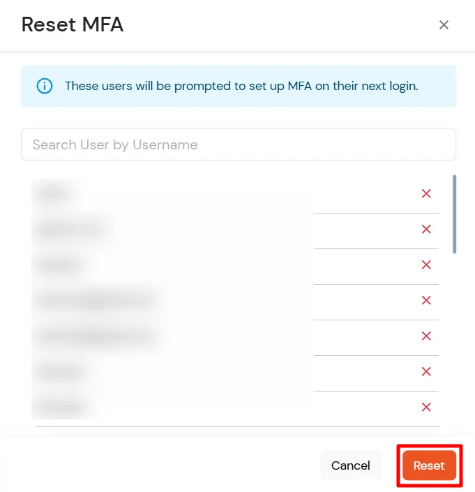 miniOrange Identity Platform Admin Handbook: Review the users and click Reset MFA to proceed