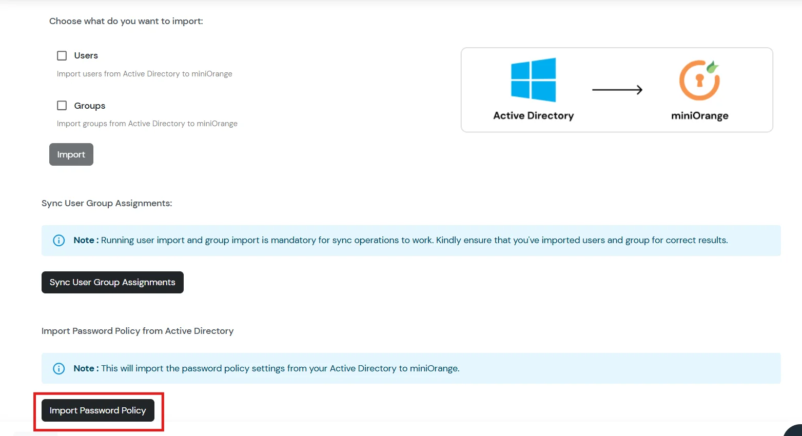 Import password policy button