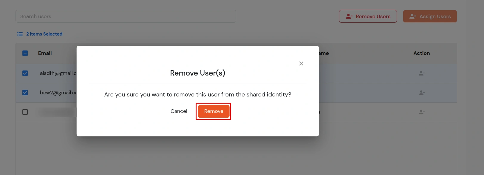 Manuale di amministrazione della piattaforma di identità miniOrange: Conferma la rimozione degli utenti 