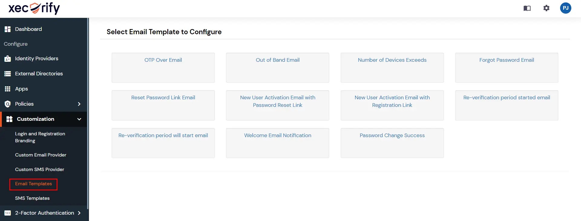 miniOrange Identity Platform Admin Handbook: select email template