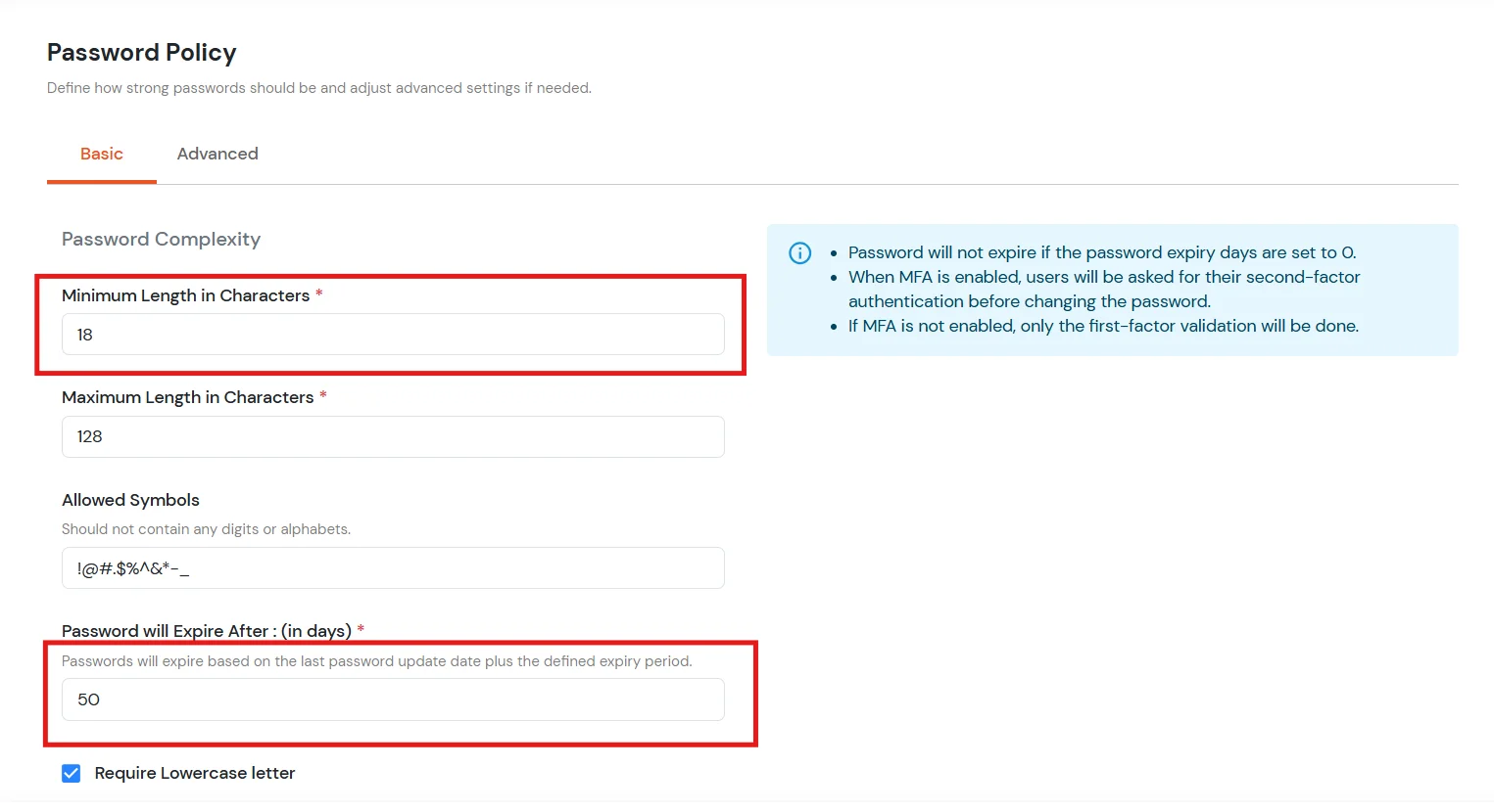Password Policy Basic and Advanced tabs