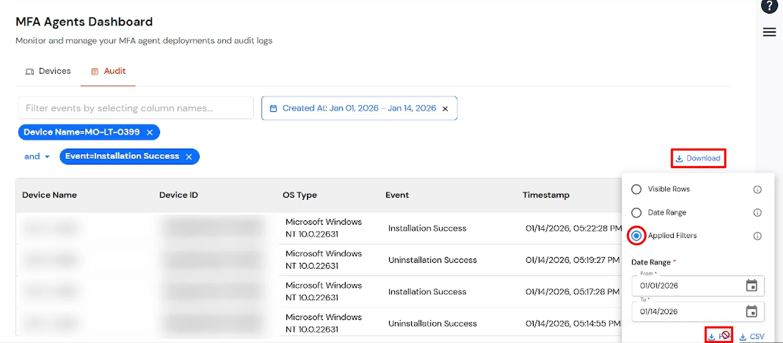 miniOrange Identity Platform Admin Handbook: Download Audit tab data
