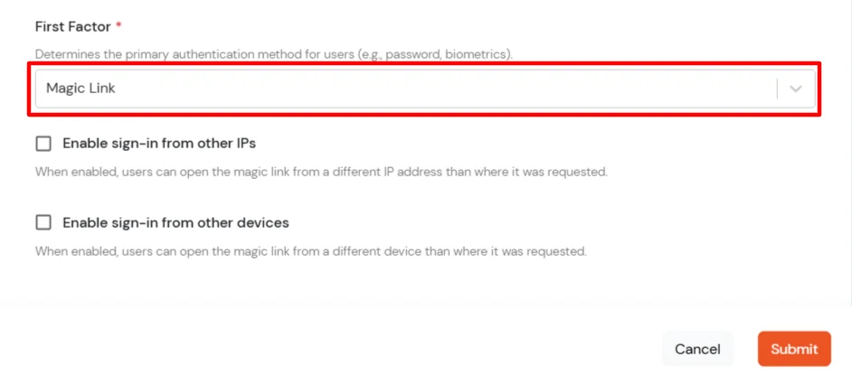 Enable Magic Link as First Factor Authentication