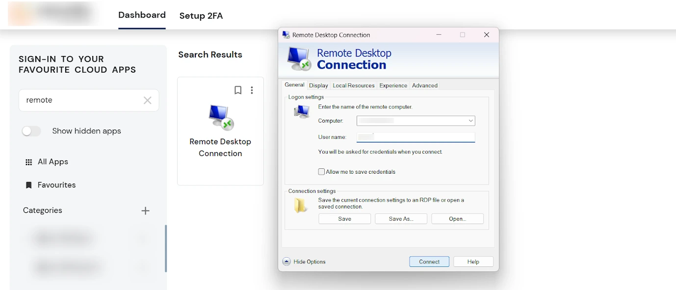 Thick Client SSO: enter remote desktop connection details