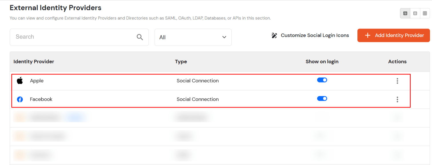 miniOrange Identity Platform Admin Handbook: External Identity Providers List