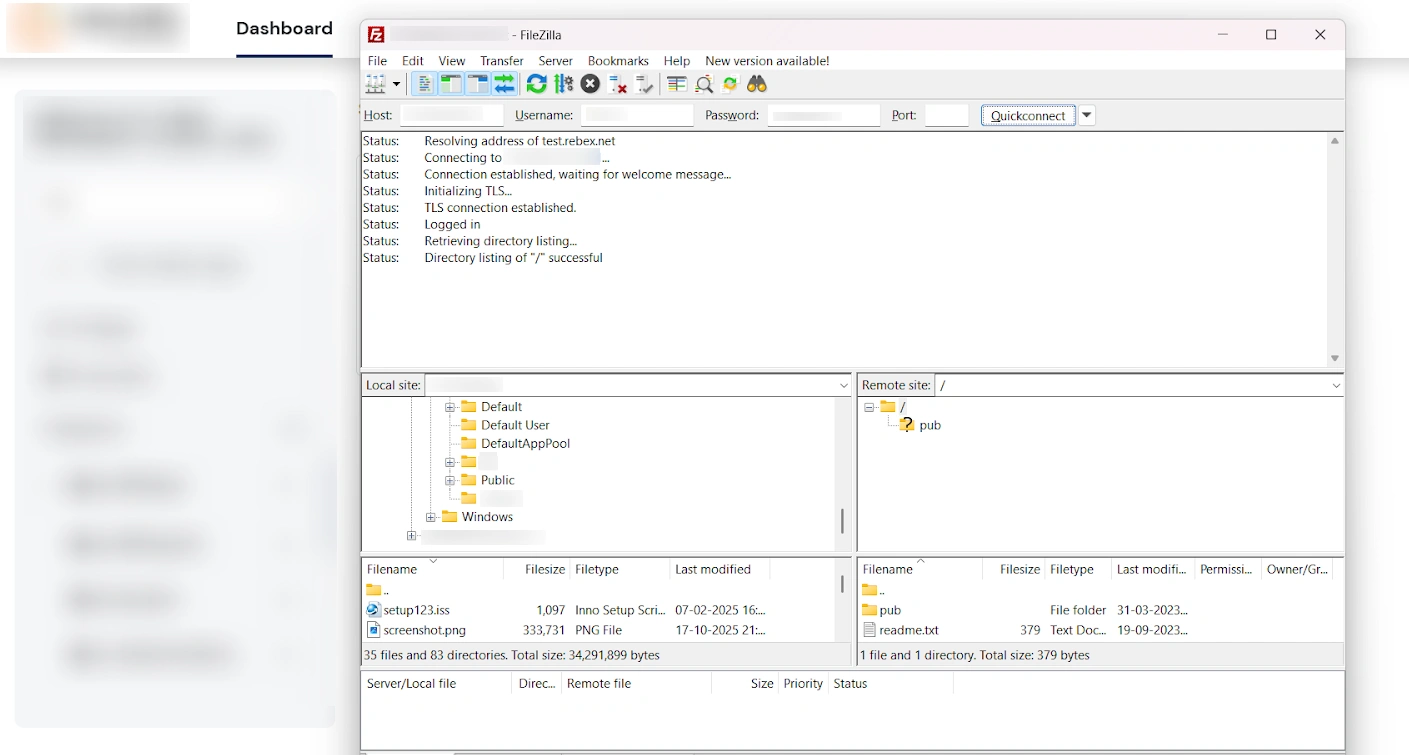 Filezilla Thick Client SSO: Filezilla login success step