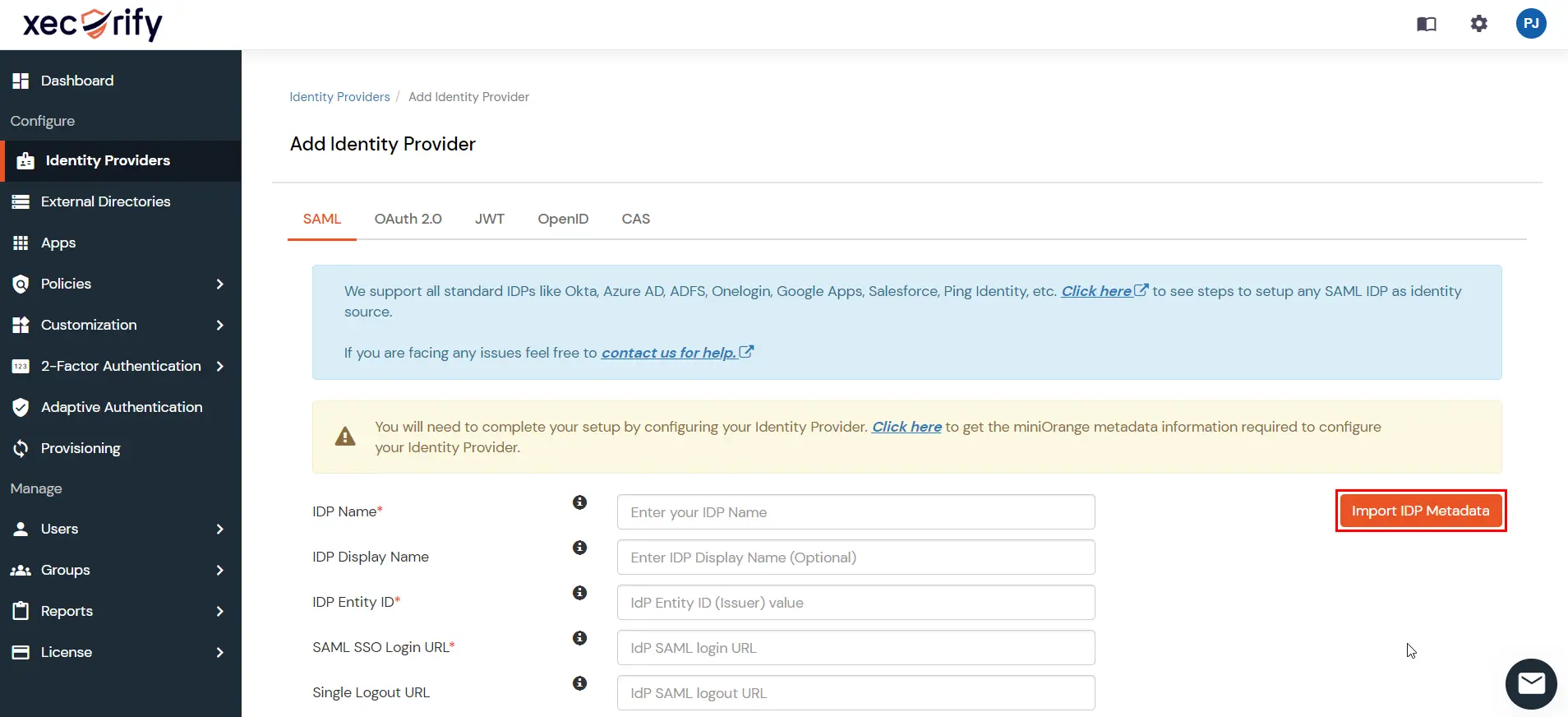 miniOrange Identity Platform Admin Handbook: Import IDP metadata