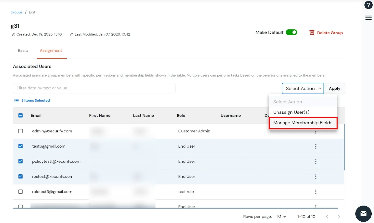 Action dropdown with Manage Membership Fields selected, Apply button