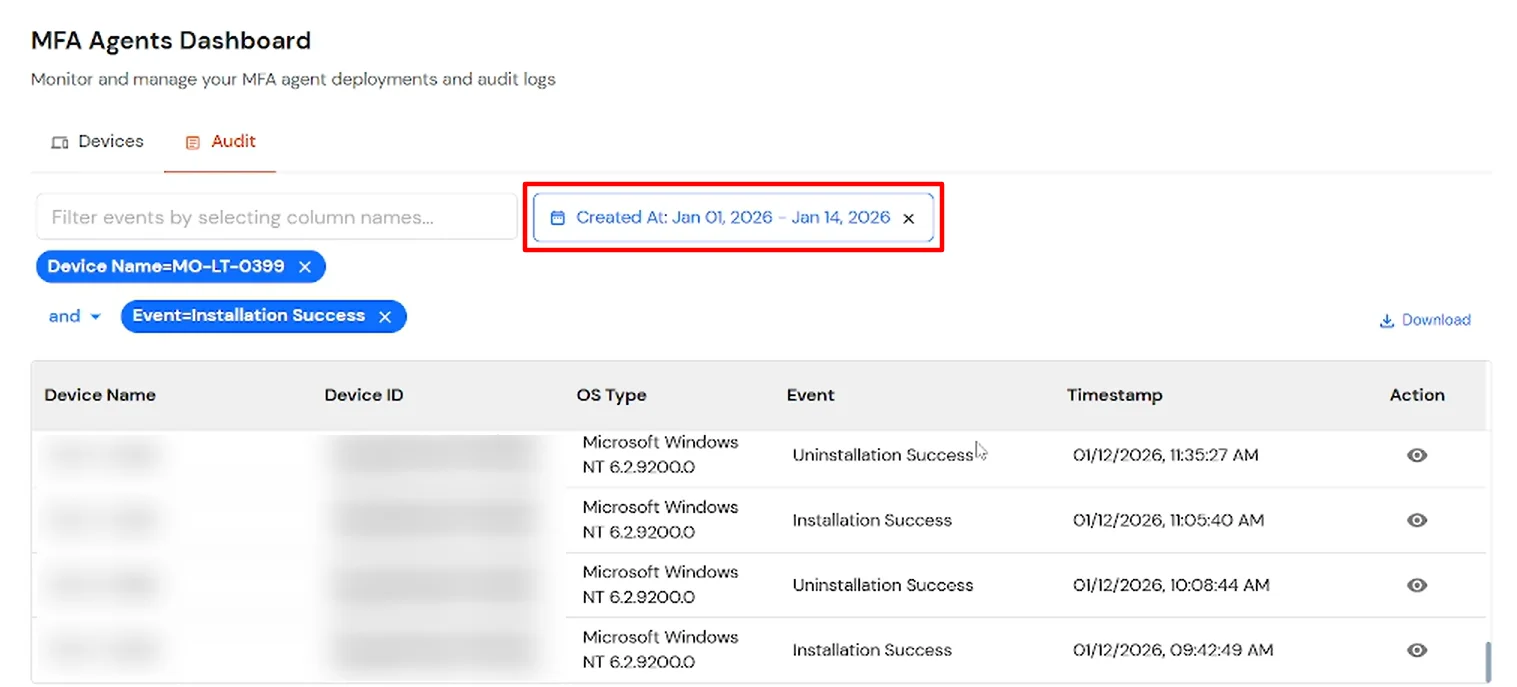miniOrange Identity Platform Admin Handbook: Audit tab Created At filter