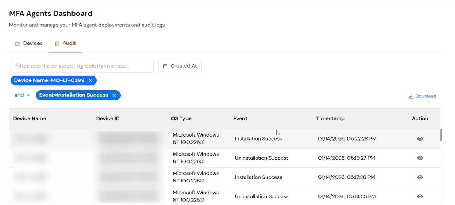 miniOrange Identity Platform Admin Handbook: Audit tab column filters