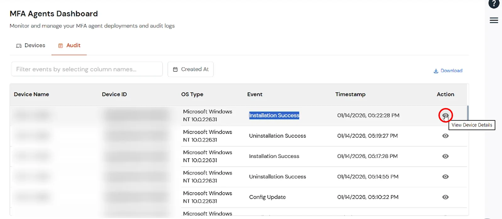 miniOrange Identity Platform Admin Handbook: Audit tab Action eye icon